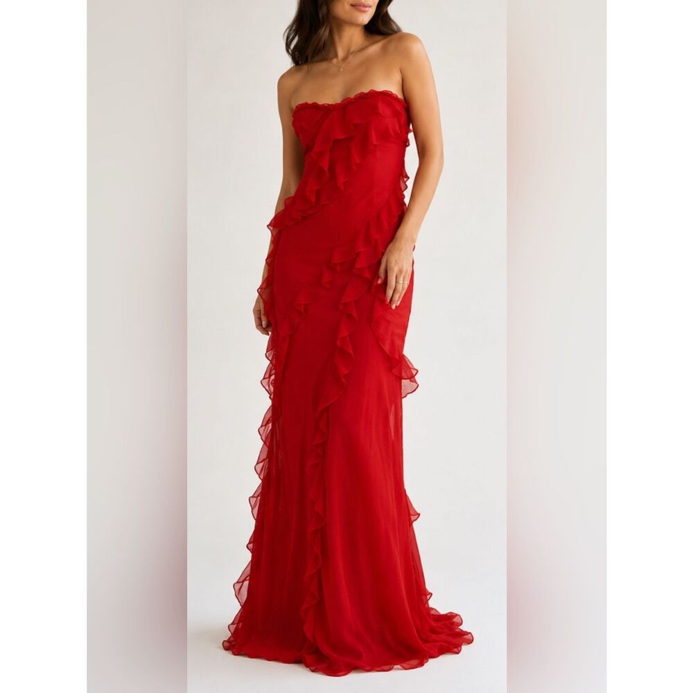 Oh Polly Red Ruffle Maxi Dress Size 2 Strapless Formal Gown